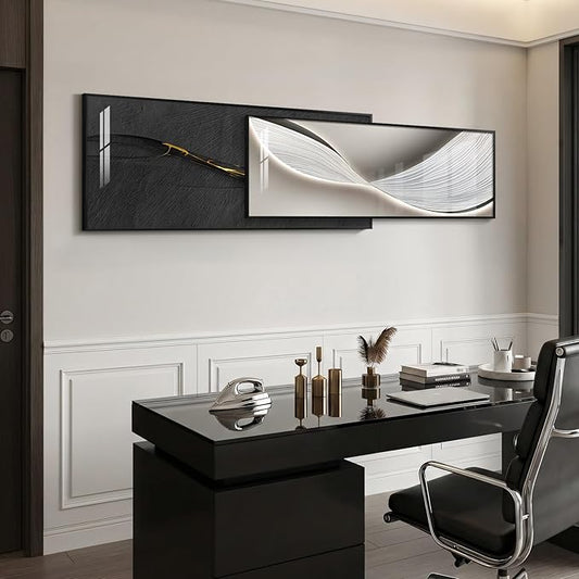 Extra Large Framed Modern Abstract Wall Art for Living Room, Set of 2 Long Horizontal Prints Paintings, Minimalist Black and White Pictures for Hallway Bedroom Dining Room Office Wall Decor