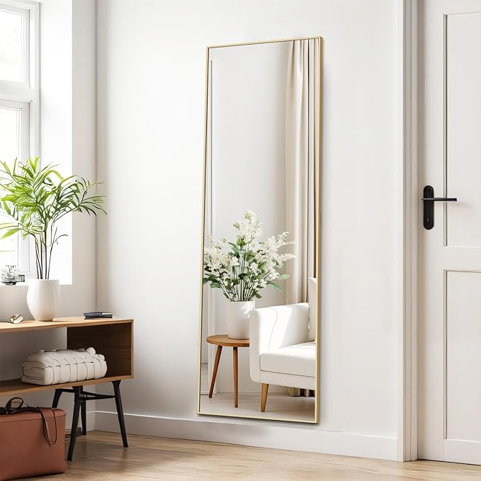 Full Length Floor Mirror, 15.75"x59" Full Body Standing Mirrors with Shatter-Proof Glass, Floor or Wall Mount, Hanging or Leaning, Aluminum Alloy Frame for Home Decor, Gold