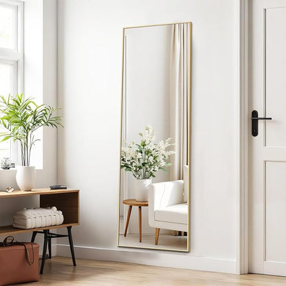 Full Length Floor Mirror, 15.75"x59" Full Body Standing Mirrors with Shatter-Proof Glass, Floor or Wall Mount, Hanging or Leaning, Aluminum Alloy Frame for Home Decor, Gold