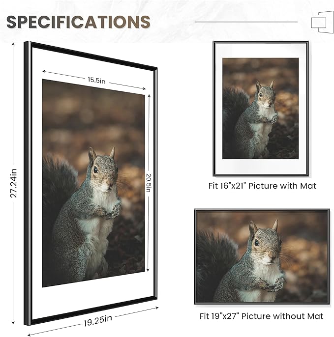 Fun Memories 19x27 Picture Frame Black, Aluminum Frames 19 x 27 for Wall, Modern 19 by 27 Poster Frames for Home Decor, 19x27 Frame with Mat for 16x21, 19 x 27 Frame with Real Glass