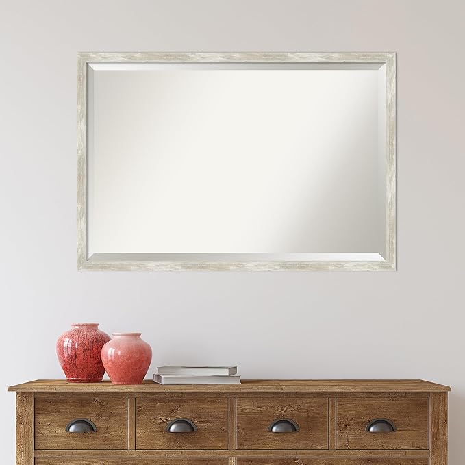 Amanti Art Silver Bathroom Mirror for Over Sink, 26x38 Crackled Metallic Narrow Rectangle Vanity Mirror, Large Casual Frame, Hangs Horizonally and Vertically, Bathroom Wall Decor, Beveled Edge