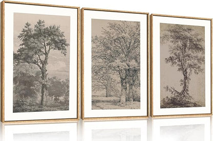 KAIRNE Vintage Tree Sketch Framed Canvas Wall Art Set, Antique Tree Drawings Wall Decor, Retro Forest Art Prints, Modern Nature Landscape Artwork for Living Room, Bedroom, Farmhouse, Office-16 x24 x3