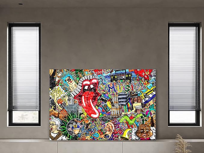 Graffiti Paintings Canvas Colorful Wall Art Living Room Decor Pictures Music Collage on Brick Wall Contemporary Home Decor Modern Artwork Posters and Prints Framed Ready to Hang (44''W x 28''H)