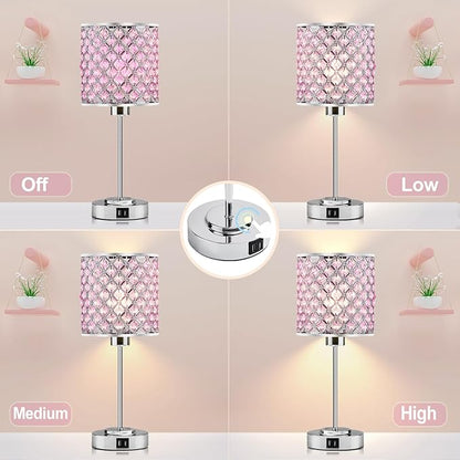 GyroVu Crystal Table Lamp, Bedside Crystal Lamp, Dimmable Touch Nightstand Lamp with USB-C+A Charging Ports Pink Night Lights Decorative Accent Lamp for Bedroom, Living Room, Office, Girls Room