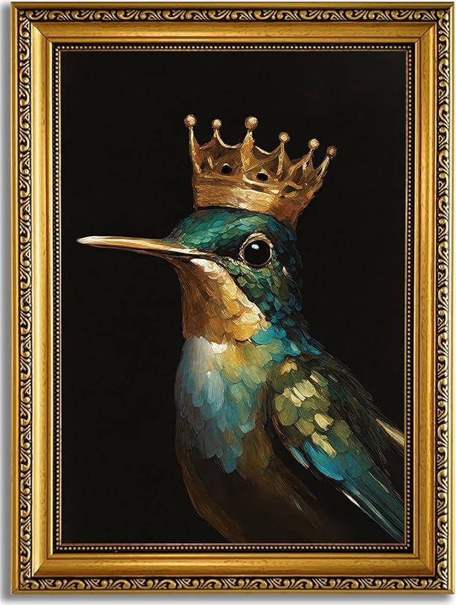 YD&YZY Gold Framed Vintage Wall Art Canvas Hummingbird Birds King Wall Decor Retro Golden Wall Prints Cute Animal Painting Picture Print Artwork for Bedroom Living Room Bathroom 12x16 inch Framed