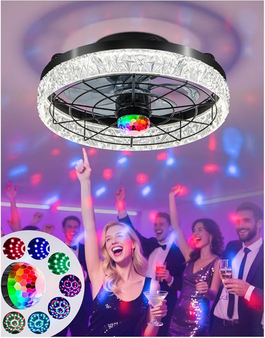 Disco Ceiling Fans with Lights,7 Color Disco Ball Modes, Flush Mount Low Profile Ceiling Fan with Light and Remote Control Dimmable 3 Color Reversible Motor 6 Speeds for Bedroom Living Room Party
