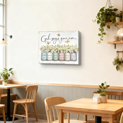 Inspirational Bible Verse Wall Art God Says You Are Sayings Wall Decort Christian Gift Quotes Painting scripture Pictures Print Flowers in Mason Jar Poster for Women Girls Bedroom(24x16 Canvas)