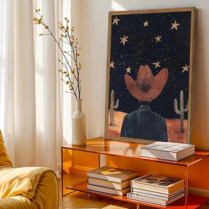 Framed Boho Western Cowboy and Cowgirl Wall Art Set of 2, Vintage Southwestern Desert Starry Sky Cactus Pictures Wall Decor, Rustic Farmhouse Paintings Canvas Prints for Living Room Bedroom 16x24 inch