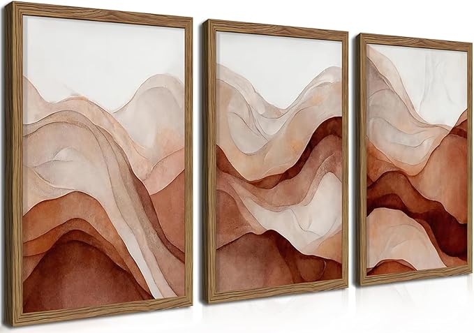 raiqtols Abstract Terracotta Watercolor Canvas Wall Art Set of 3 – Framed Boho Modern Wall Decor, Neutral Gallery Wall Art Prints with Wooden Frame for Living Room Bedroom Home Decor – 16x24in