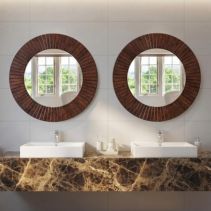 Vercraft 30" Round Wood Wall Mirror - Grooved Decorative Mirror for Entryway, Living Room Bathroom, Bedroom, Hallway