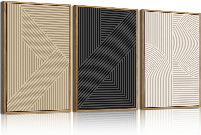 BINCUE Neutral Abstract Wall Art Mid Century Modern Wall Paintings Boho Artwork Geometric Wall Pictures Abstract Black Wall Decor Modern Neutral Art Prints for Living Room Bedroom Bathroom Office 16x24 Inch Set of 3