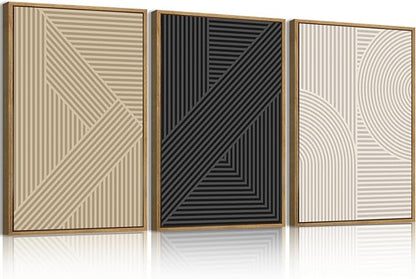 Large Neutral Abstract Wall Art Framed Mid Century Modern Canvas Paintings Artwork Geometric Wall Decor Modern Abstract Artwork Minimalist Art Prints Boho Home Decor for Living Room Bedroom Bathroom Office 36x24 Inch Set of 3
