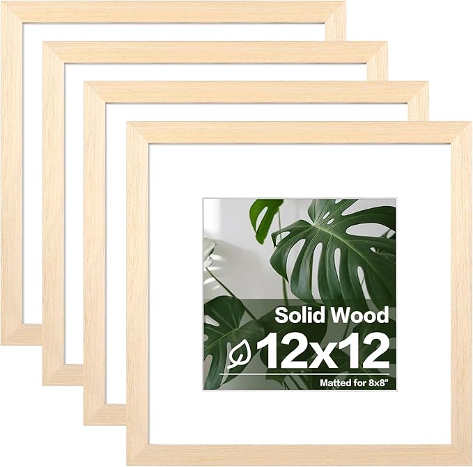 Egofine 12x12 Picture Frames Made of Solid Wood with Plexiglass, Display Pictures 8x8 with Mat or 12x12 Without Mat Set of 4 for Tabletop and Wall Mounting, Oak Wood