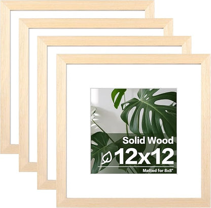 Egofine 12x12 Picture Frames Made of Solid Wood with Plexiglass, Display Pictures 8x8 with Mat or 12x12 Without Mat Set of 4 for Tabletop and Wall Mounting, Oak Wood