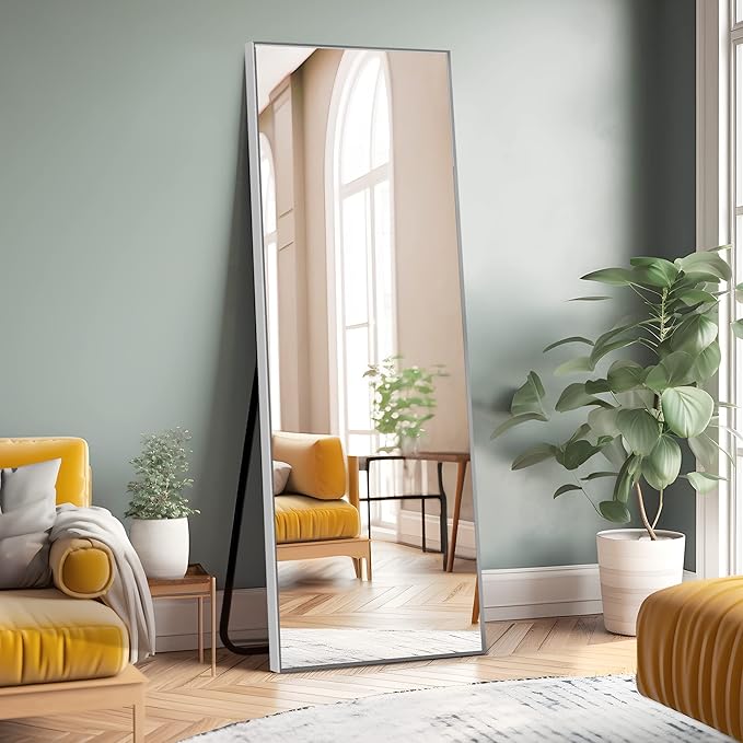 NeuType Full Length Mirror Floor Mirror with Standing Holder Bedroom/Locker Room Standing/Hanging Mirror Dressing Mirror (Silver), 65"x22"