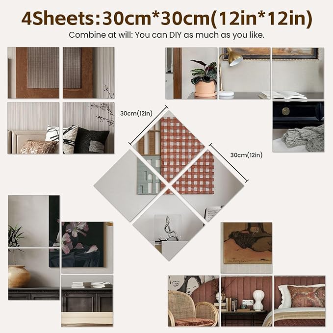 Abyssaly Mirror Stickers for Walls 4 Pack 11.8''x11.8'' Self Adhesive Stick on Mirrors Tiles Small Peel and Stick 2mm Unbreakable Wall Mirrors Decorative Sheets for Kitchen