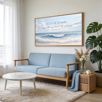 Aurlan Live In The Sunshine Swim The Sea Drink The Wild Air Framed Wall Art(40"x20"), 3D Textured Blue White Coastal Ocean Waves Canvas Artwork, Large Ralph Waldo Emerson Quotes Painting Decor for Home Office Living Room Bedroom