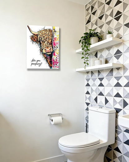 Funny Highland Cow Bathroom Wall Art, Are You Pooping? Graffiti Pop Art Canvas Print, 12x16 Inch Framed Humorous Farmhouse Bathroom Decor, Colorful Cow Picture for Washroom Toilet Powder Room