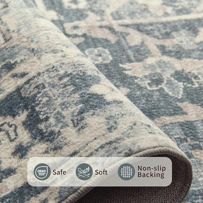 Rugxara 4x6 Rug for Living Room Bedroom, Blue Washable Throw Rugs, Vintage Retro Boho Area Rugs, Non Slip & Low Pile Accent Throw Carpet for Indoor Dining Room, Kids Room and Office(Blue 4x6ft)