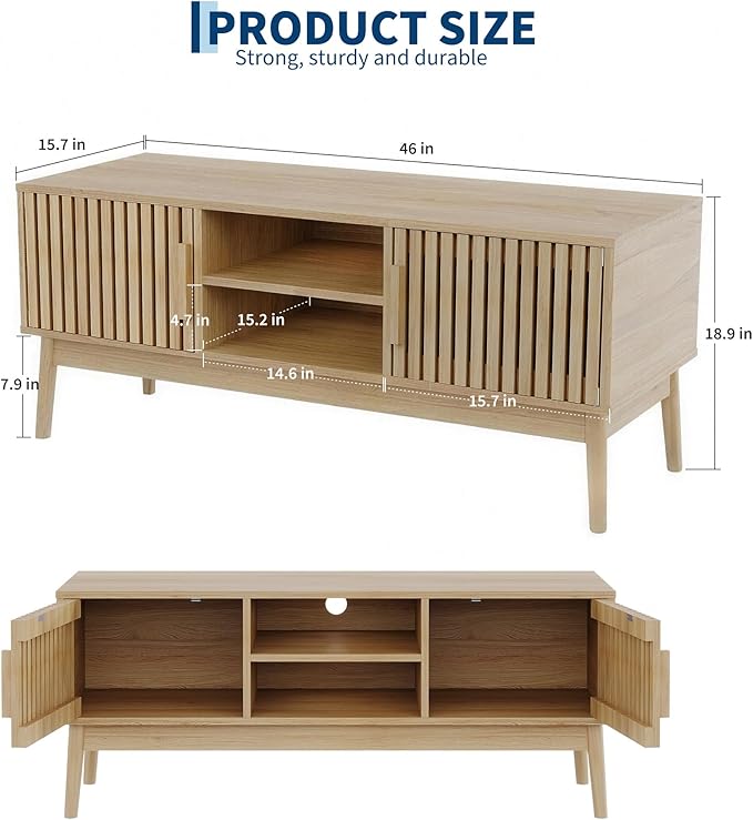 GarveeHome Boho TV Stand for TVs Up to 50 Inch, Modern Mid-Century Entertainment Center with Fluted Wood Doors & Open Shelves, Media Console Table for Living Room & Small Spaces