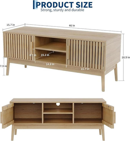 GarveeHome Boho TV Stand for TVs Up to 50 Inch, Modern Mid-Century Entertainment Center with Fluted Wood Doors & Open Shelves, Media Console Table for Living Room & Small Spaces
