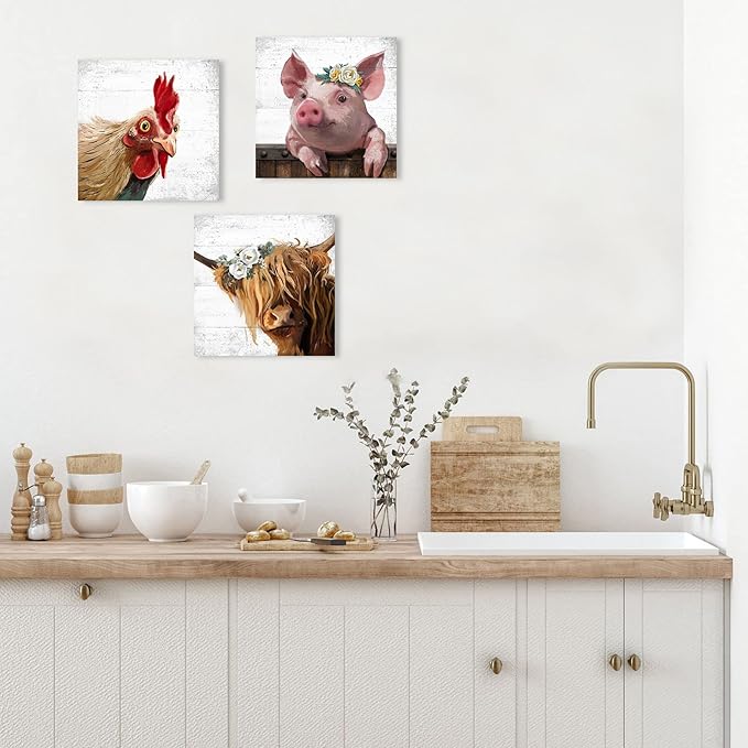Farm Animal Farmhouse Wall Art: Highland Cow Rooster Pig Head Picture for Kitchen, 3 Piece Rustic Farmhouse Decor Vintage Canvas Print Living Room Home Decoration