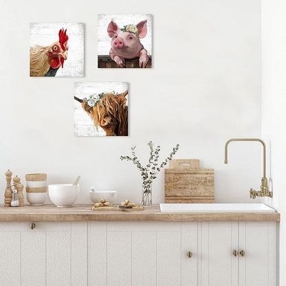 Farm Animal Farmhouse Wall Art: Highland Cow Rooster Pig Head Picture for Kitchen, 3 Piece Rustic Farmhouse Decor Vintage Canvas Print Living Room Home Decoration