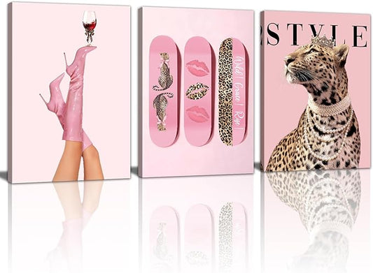 WENGTIAO 3Pcs Pink Leopard Canvas Wall Art Fashion Cheetah Paintings Prints Lucky Skateboard Pictures Boots Martini Posters Decor Coquette Preppy Aesthetic Artwork for Living Room Bedroom 12x16x3 inch