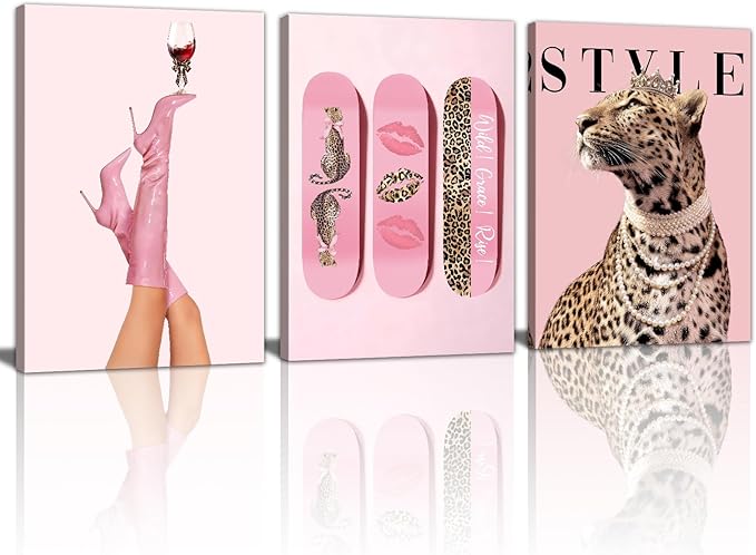 WENGTIAO 3Pcs Pink Leopard Canvas Wall Art Fashion Cheetah Paintings Prints Lucky Skateboard Pictures Boots Martini Posters Decor Coquette Preppy Aesthetic Artwork for Living Room Bedroom 16x24x3 inch