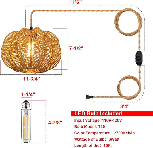 Plug in Pendant Light Rattan Hanging Lights with Plug in Cord 15FT Hemp Rope Cord, Dimmable Switch – Indoor Hanging Lamps for Boho Living Room Bedroom（Bulb Included） 11 x 7 inch