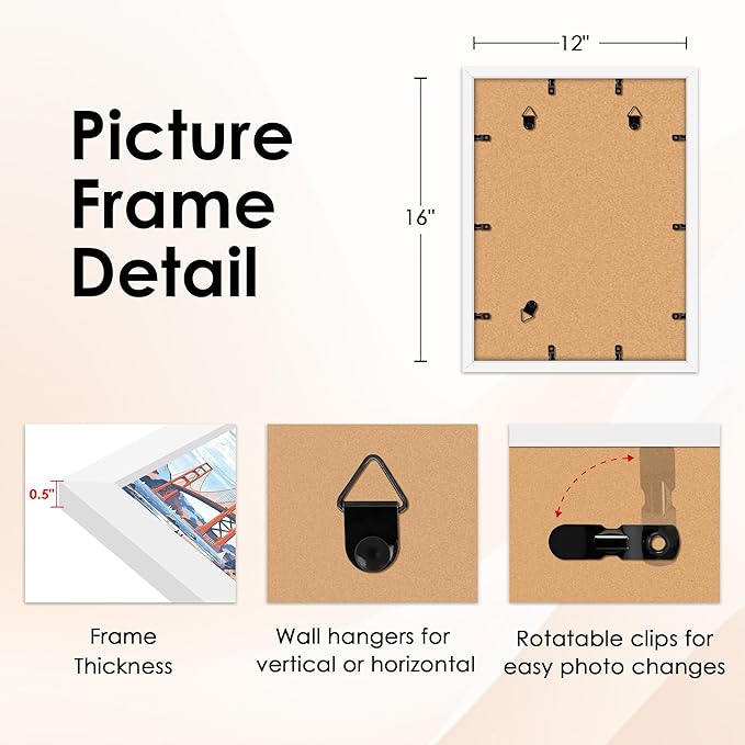 FIXSMITH 12x16 Picture Frame White Set of 2, Photo Frame with HD Plexiglass, Display Pictures 8.5x11 with Mat or 11x17 Without Mat, White Picture Frames Collage Wall Decor, Gallary Wall Frame