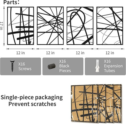 Art3dwallpanels Black Abstract Wall Art, Metal Single Line Art Wall Decor, 3D Textured Sculptures, Modern Decor for Living Room Bedroom Bathroom Study, 17'' x 12'', 4 Pack
