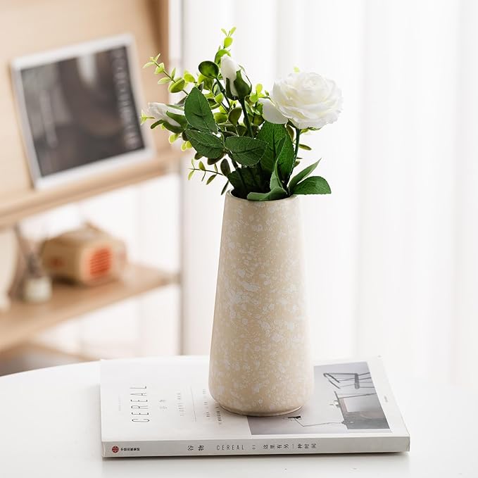 Beige Vase - 8" White Textured Pampas vase, Boho Rustic Vases for Home Decor, Farmhouse Decor, Minimalist Cream Modern Flower vases for Centerpieces, Living Room, Bedroom