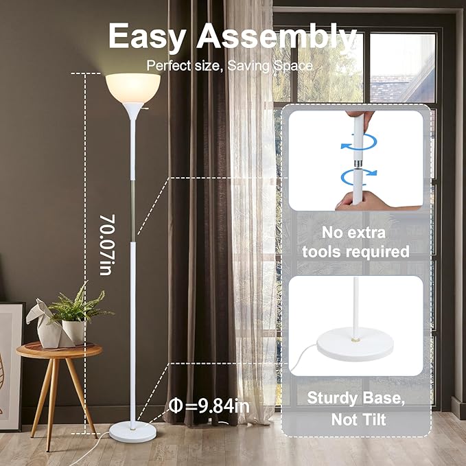 LALISU Floor Lamp, LED Standing Lamp 3 Way Dimmable Brightness Floor Lamp Rotary Switch Floor Lamps Modern Industrial Lamp with Shade, Tall Lamps for Living Room Bedroom Office Dining Room (White)