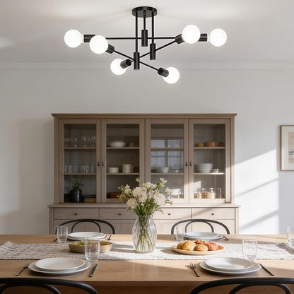 6-Light Sputnik Light Fixture, Solid Matte Black Mid-Century Modern Chandelier for Dining Room, Kitchen, Living Room, Bedroom