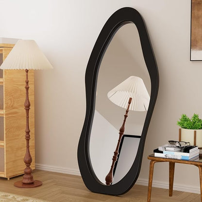 67"x 30" Irregular Wavy Full Length Mirror Black Wooden Framed Full Body Mirror Hanging/Leaning Wall Mounted Mirrors for Bedroom Living Room Cloakroom