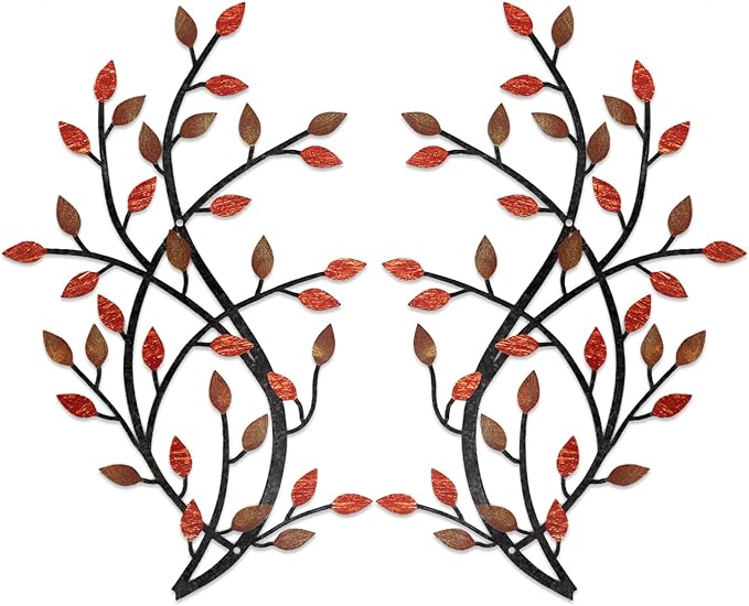 Meltset Metal Tree Leaf Wall Decor, Vine Olive Leaf Branch Wall Art, Wrought Iron Scroll Artwork, Decorative Wall Sculptures Above The Bed, Living Room, Hallway, Indoor and Outdoor（S/Red）