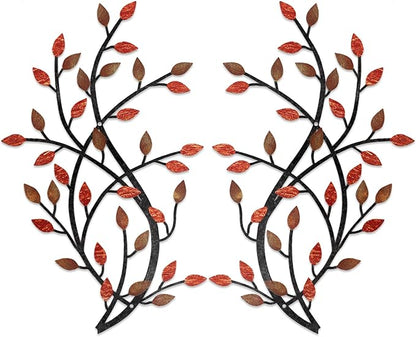 Meltset Metal Tree Leaf Wall Decor, Vine Olive Leaf Branch Wall Art, Wrought Iron Scroll Artwork, Decorative Wall Sculptures Above The Bed, Living Room, Hallway, Indoor and Outdoor（S/Red）
