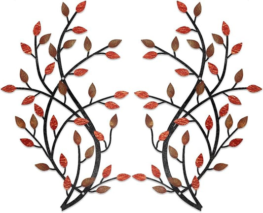 Meltset Metal Tree Leaf Wall Decor, Vine Olive Leaf Branch Wall Art, Wrought Iron Scroll Artwork, Decorative Wall Sculptures Above The Bed, Living Room, Hallway, Indoor and Outdoor（S/Red）