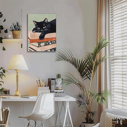 Framed Black Cat Canvas Wall Art, Funny Cat lying on a pile of books Painting, Abstract Animal Posters Prints Wall Decor for Living Room Bathroom Gallery Dining Room Decor 12x16 inch