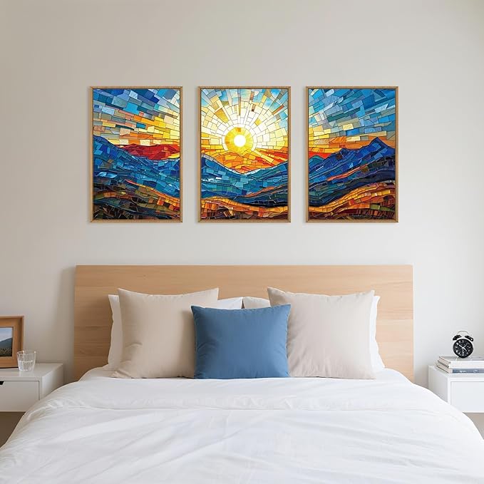 Mountains Framed Canvas Wall Art Set, Modern Abstract Art Painting, Irregular Square Ridge Wall Decor, Sunrise Art Print for Living Room, Bathroom, Bedroom, Office-16 x24 x3