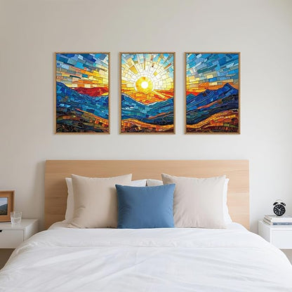 Mountains Framed Canvas Wall Art Set, Modern Abstract Art Painting, Irregular Square Ridge Wall Decor, Sunrise Art Print for Living Room, Bathroom, Bedroom, Office - 24"x36"x3