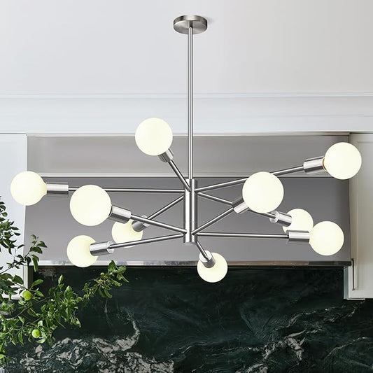 10.9"-52.3" Height Adjustable Sputnik Chandeliers Dining Room Light Fixture (10-Light, 32-Inch), Modern Brushed Nickel Chandelier, Mid Century Modern Chandeliers for Living Room (Bulbs Not Included)