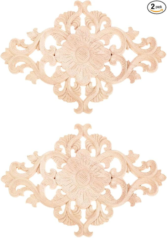 Wood Carved Appliques, 2Pcs Wooden Decorative Onlays, MUXSAM Unpainted Furniture Center Decals for Cabinet Dresser Bed Door Wall Wardrobe Ceiling Decoration Home DIY Project, 21x15cm/8.27"x5.9"