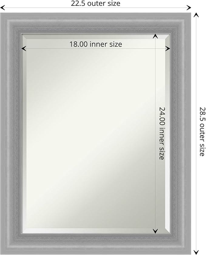 Amanti Art Silver Bathroom Mirror for Over Sink, 29x23 Peak Polished Nickel Narrow Rectangle Vanity Mirror, Medium Traditional Frame, Hangs Horizonally and Vertically, Bathroom Wall Decor, Beveled