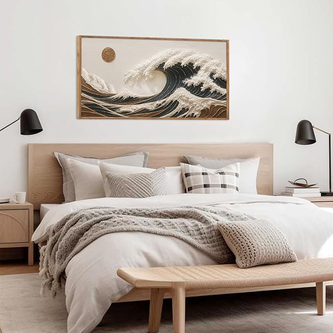 HLNIUC Boho Sea Great Wave Framed Canvas Wall Art,Vintage Japanese Ocean Horizontal Wall Decor,Large Abstract Nature Artwork(40x20),Neutral Sun Seascape Prints for Living Room,Bedroom,Office