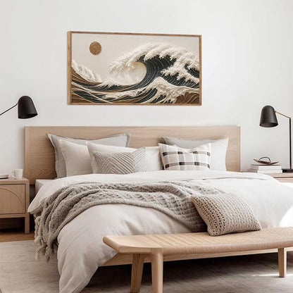 HLNIUC Boho Sea Great Wave Framed Canvas Wall Art,Vintage Japanese Ocean Horizontal Wall Decor,Large Abstract Nature Artwork(40x20),Neutral Sun Seascape Prints for Living Room,Bedroom,Office