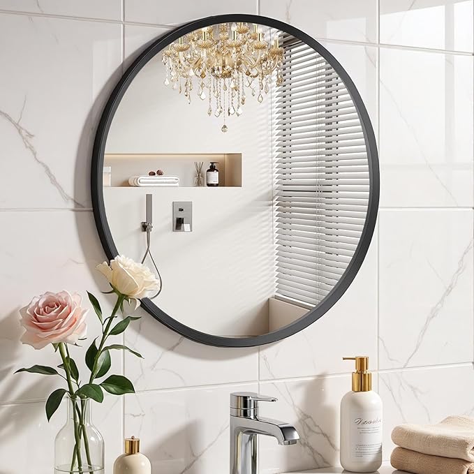 Large Black Round Bathroom Mirror for Wall, 42 inch Black Circle Mirror for Wall, New Frame Design, Tempered Glass,Wall Mounted Circle Mirror for Vanity, Entryway, Bedroom, Restroom