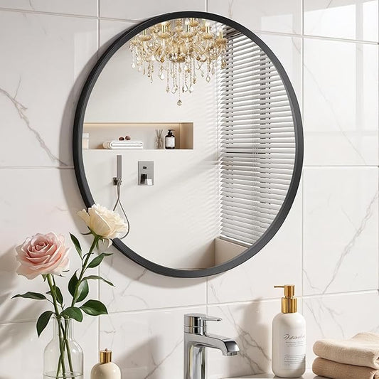 Large Black Round Bathroom Mirror for Wall, 42 inch Black Circle Mirror for Wall, New Frame Design, Tempered Glass,Wall Mounted Circle Mirror for Vanity, Entryway, Bedroom, Restroom