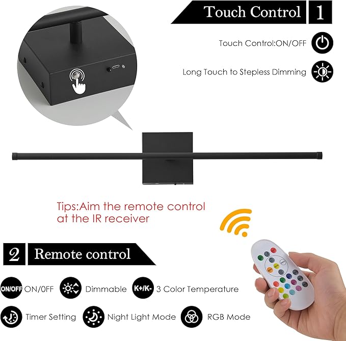 KARTOOSH 24.4 Inch 9 RGB Color Battery Operated Wireless Wall Sconces Set of Two, with Remote, Dimmable, Warm/Natural White/Daylight, Rotatable, LED Wall Light for Living Room, Bedroom, Black